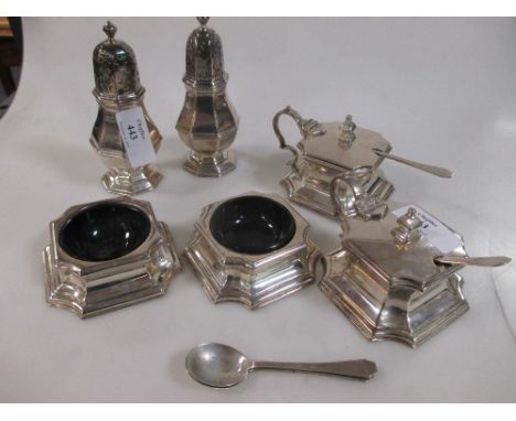 A silver six piece condiment set in the Georgian style, of octagonal shape, London 1936, maker's mark R C  