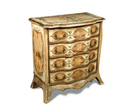 A Venetian painted petite commode - 20th century, of four long drawers with painted panels, on splayed apron and feet 81 x 75