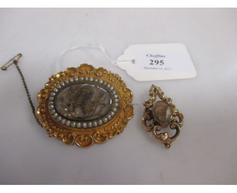 A 19th century memorial brooch, the oval brooch with central glazed and hairwork panel surrounded by seed pearls to an outer 