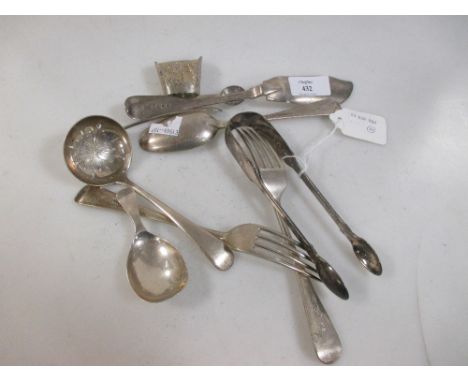A quantity of silver flatware including:- A pair of Victorian silver fiddle pattern sugar tongs by George Adams, London 1840;