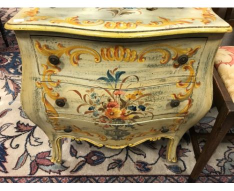 A Venetian style painted petit commode, 65cm h x 63cm w x 39cm d  