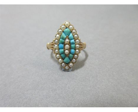 A 19th century turquoise and seed pearl ring of navette form, the central line of three seed pearls in a border of shaped cab