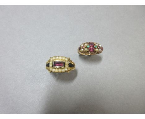 A George IV garnet, seed pearl and enamel ring together with another 19th century gemset ring, the first with a rectangular c