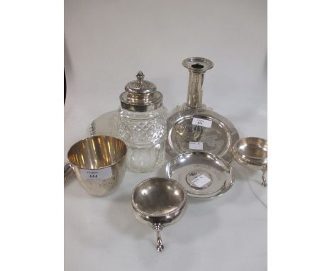 Various small and odd silver items: candlestick (loaded), hand mirror, mounted glass preserves pot, pair salts, etc. 12.5ozs 