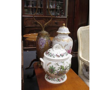 An early 20th century giltmetal and porcelain lamp, a Portmerion tureen and a German porcelain vase and cover  