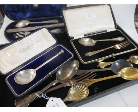 A silver shell bowl caddy spoon by James Swan & Son, Birmingham 1928, A Victorian silver christening knife, fork and spoon by