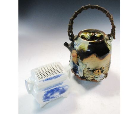 An Hirado covered koro together with a Sumida Gawa tea pot and cover, a Satsuma plate and a vase, the broader bellied sides o