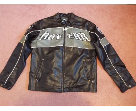 A black faux leather zip front jacket with white slogan 'No Fear' to the front and back, size M, unused liquidated retail sto