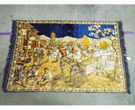 Vintage silk rug with pictorial scene, approximately 180 cm x 120 cm.
