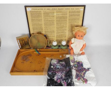 Lot to include a vintage bagatelle board, Palitoy doll, clock, tambourine and other. [2]