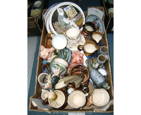 A quantity of china including four Royal Doulton mask Plates, three small lustre jugs,five Wedgwood dishes, Peter Swanson Sea
