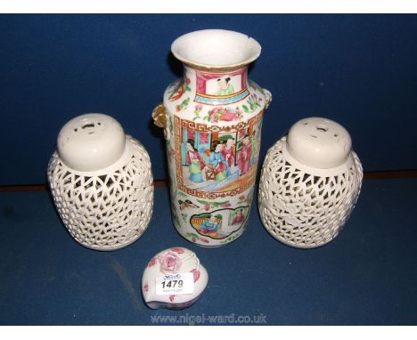 A Pair of Oriental pierced tea light holders, Herend lidded trinket pot and Cantonese Vase