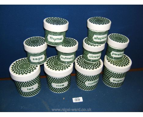 Four green and white Poole china Canisters along with six Poole china Spice Pots