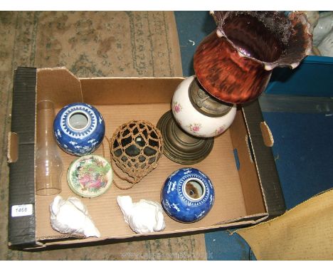A quantity of china including oil lamp, two ginger jars (no lids), two white swans, two small oriental plates and a green gla