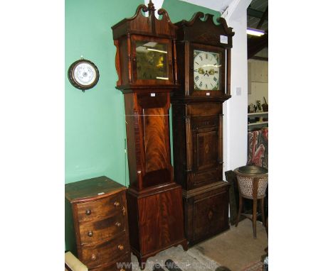 A Georgian Mahogany Longcase Clock having swan pediment hood with central finial, square single pane glazed door flanked by t