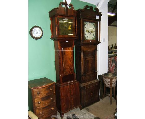 A Georgian Mahogany Longcase Clock having swan pediment hood with central finial, square single pane glazed door flanked by t