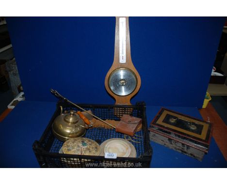 A quantity of miscellanea including barometer, brass toasting fork, Welsh love spoon, papier mache box, etc