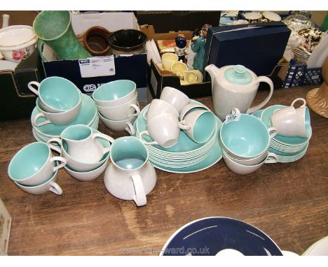 A quantity of grey and green Poole china including Plates, Tea cups and saucers, Coffee Pot, etc