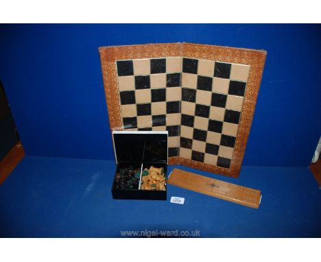 A St. George series Cribbage board together with a set of wooden Chess pieces and a board