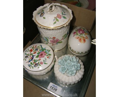 A quantity of china including Aynsley 'Pembroke' lidded pots, egg shaped lidded pot and floral encrusted trinket box.