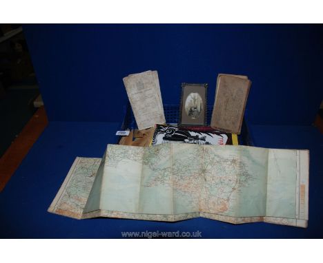 A quantity of miscellanea including old Ordnance Survey maps, theatre programmes, cigarette silks, playing cards and an old w