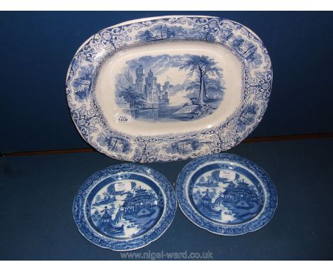 A pair of early 19th century pearlware Blue and White Plates with Chinoiserie design along with a Blue and White printed Meat