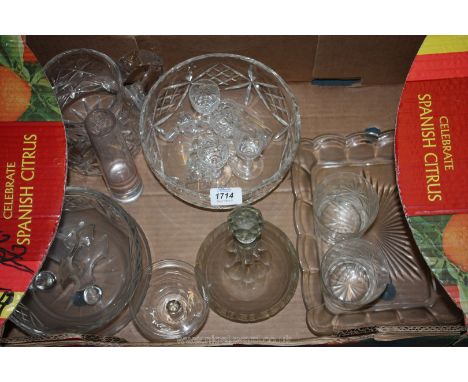 A box of miscellaneous glass including decanter, cut glass bowl, drinking glasses, etc.