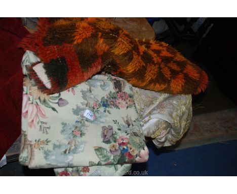 A brown and orange colour shaggy retro Rug/Wall Hanging, pair of linen floral "Sanderson" Curtains and a large Turner Bros. t
