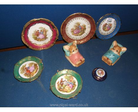 Five Limoges small display Plates and lidded pill box together with two Pendelphin rabbits both 'Wakey', one a/f.