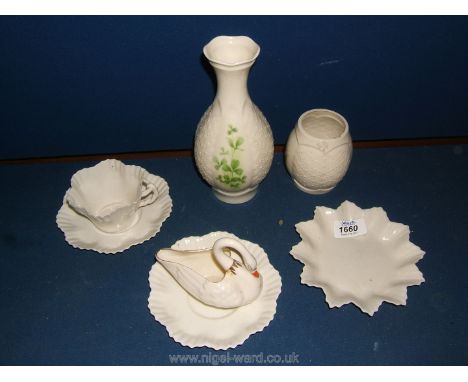 A small quantity of Donegal and Belleek china including Swan and star dish, cups, saucers, vase, etc.