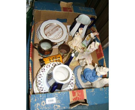A quantity of china including commemorative plates, figures, lustre jug (a/f), etc.