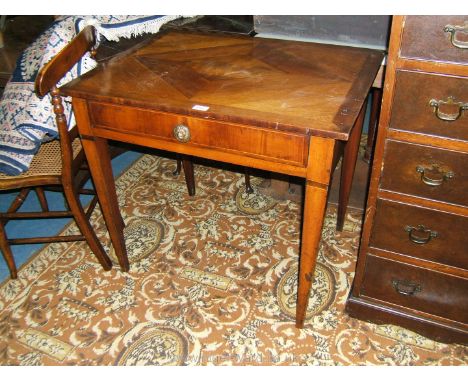 An early Georgian Yew-wood and Walnut Side Table having rectangular top with central diamond shaped Walnut inlay inside wide 