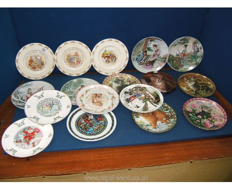 A quantity of display Plates including Royal Doulton along with Bunnykins, Cats and four Japanese Celadon Plates