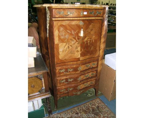 A good reproduction Walnut and Ormolu Secretaire Abatant, serpentine in shape with marble top over multiple veneered frieze d