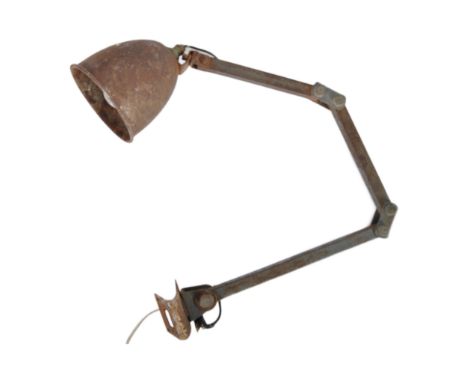 Memlite - An original retro 1950s industrial mountable factory work desk lamp light having a shaped wide conical shade on thr