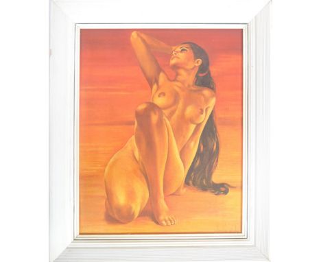 A retro mid 20th Century portrait print on board depicting a reclining nude lady with orange tones to the backdrop. Set withi