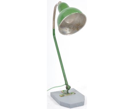 A retro mid 20th Century industrial / workmen's desk lamp light having a green enamel pendant shade on a ball joint gooseneck