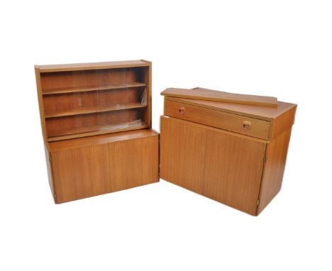 British Modern Furniture – A mid 20th Century teak wood modular cabinet / wall unit having twin door glass display cabinet an