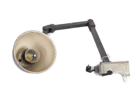 Memlite - An original retro 1950s industrial mountable factory work desk lamp light having a shaped wide conical shade on thr