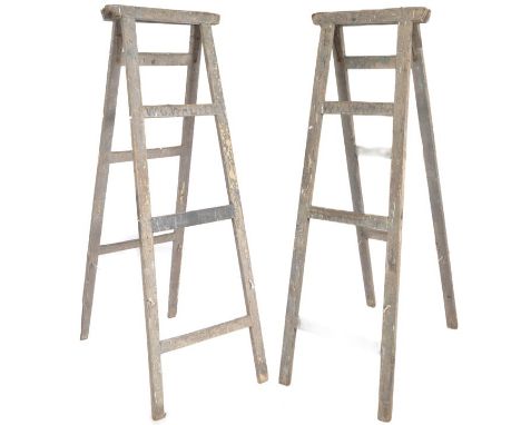 A pair of vintage 20th Century&nbsp;Orchard set of painted fruit picking ladders / pair of steps having staggered steps uniti