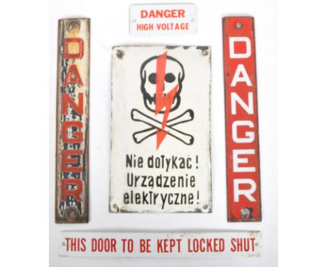 A mixed selection 20th Century warning enamel signs, mostly door / fingerplate examples with one in German featuring a skull 