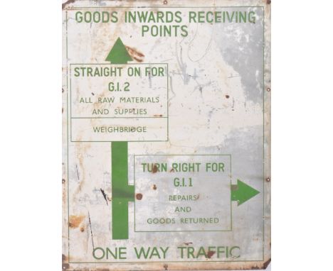 Southern Railway - A large vintage mid Century instruction enamel sign for 'Goods Inwards Receiving Points'. Green writing on