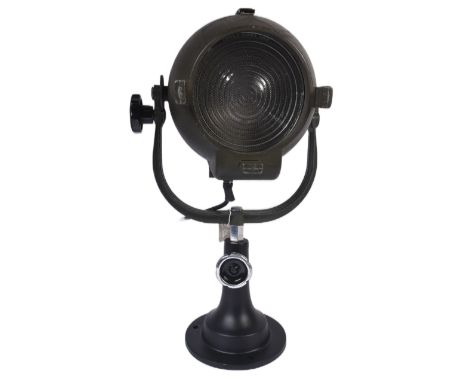 A retro vintage mid 20th Century Rank Strand theatre spot light lamp. Typical form makers plaque to verso raised on shaped ba