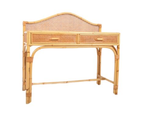 A retro vintage mid 20th Century 1970s bamboo &amp; rattan dressing table chest / console hall table having a raised arched b