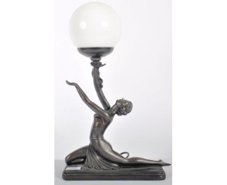 C Ross - A late 20th Century 1998 Art Deco style cast resin table lamp light in the form nude lady holding a opaque glass glo