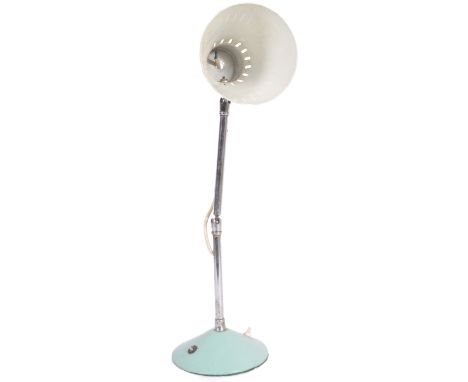 A retro mid 20th Century French adjustable desk / table lamp light having a light blue conical shade supported on a twin sect