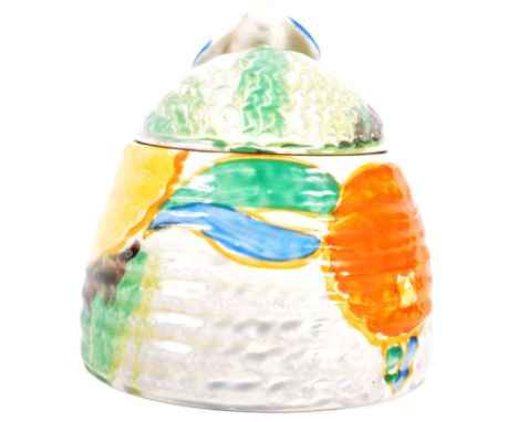 Clarice Cliff - Delicia Citrus - A vintage 20th Century 1930s Art Deco honey pot having a domed cover with a small little bee