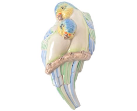 Clarice Cliff - Love Birds - A vintage 20th Century 1930s Art Deco wall pocket moulded in the form of two budgies with hand p