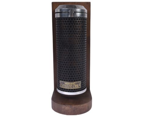 A retro vintage 20th Century work desk lamp light. Constructed from a converted Belling heater. Black perforated cage to fron