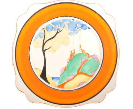 Clarice Cliff - Secrets Orange - A vintage 20th Century Art Deco 1940s seven colour cake / sandwich plate hand painted in the